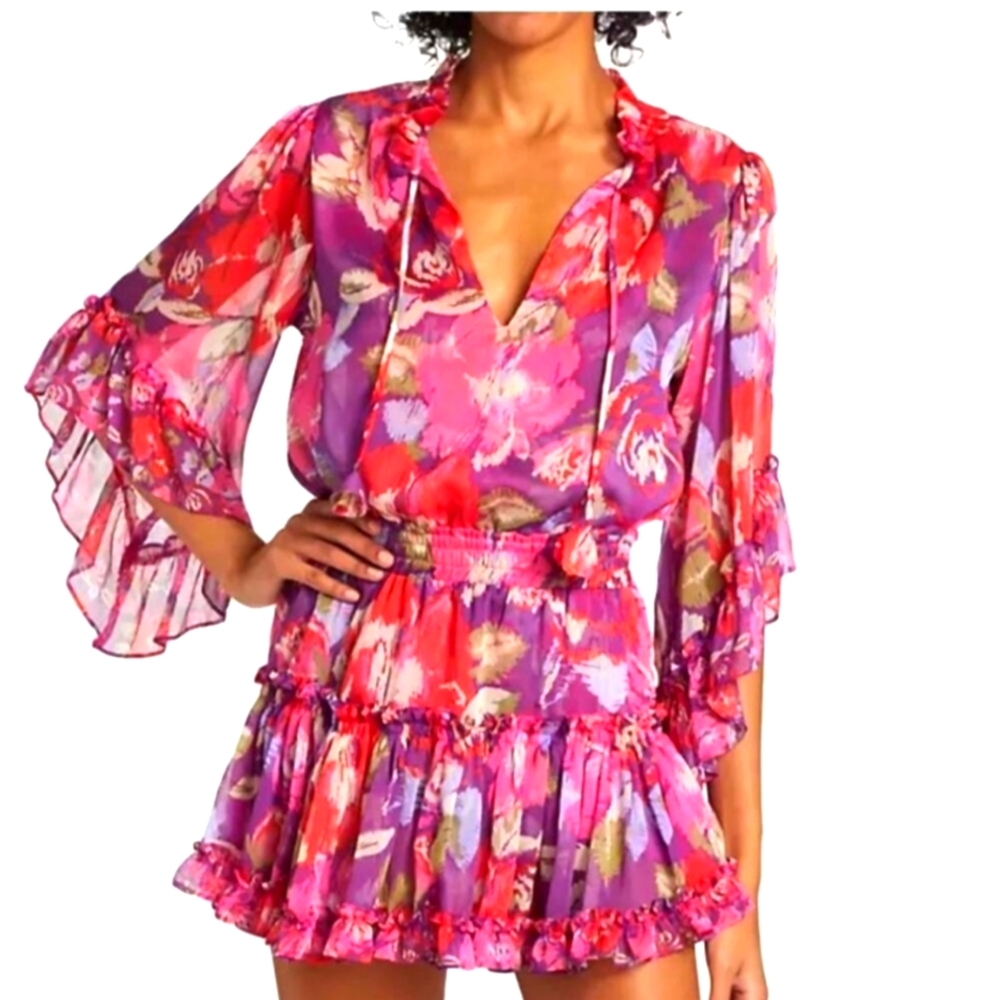 Misa Los Angeles Ximena Vibrant Pink & Purple Cinched Waist Ruffled Sheer Mini - Picture 5 of 7